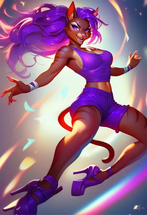 a (anthro cat form, ninja goddess with short purple hair and purple eyes), (((wearing a purple tank top, purple shorts, and high...