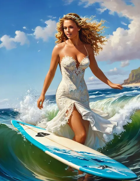 a portrait of a bride surfing the waves, on a sunny day in ocean, an exotic beautiful bride,   ((anatomically correct: 1.5)) ultra detailed face, dynamic hair color, dynamic hair style, dynamic skin complexion, (best detailed face: 1.5), busty wearing intr...