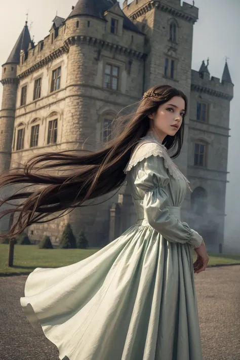 lady in flowy renaissance dress, blowing in the wind in front of an old castle, fog and mist