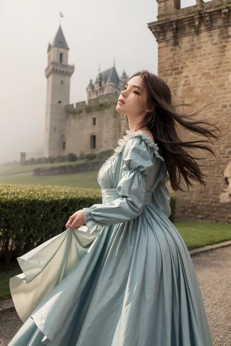 lady in flowy renaissance dress, blowing in the wind in front of an old castle, fog and mist