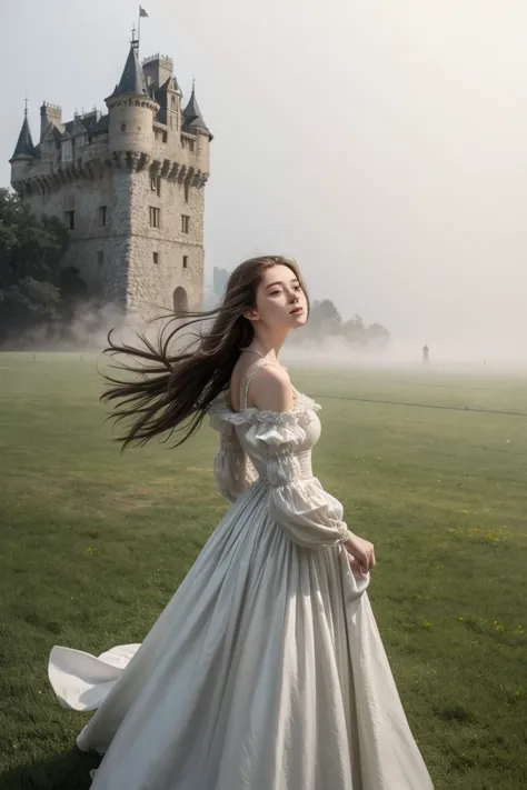 lady in flowy renaissance dress, blowing in the wind in front of an old castle, fog and mist