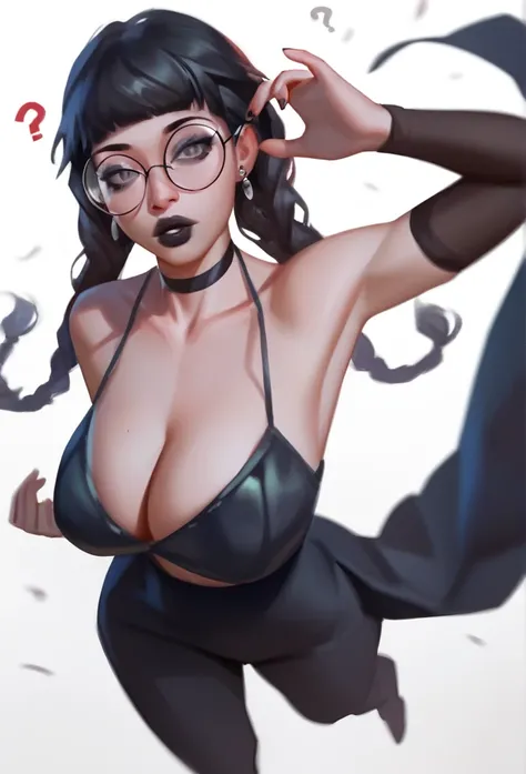 bblurry, traditional art, liu2, brush texture, punctuation_9, punctuation_8_High above, punctuation_7_High above, 1 girl, Bblack hair, braids, slickedback hair, long hair, grey-eyed, thick lips, mic, long eyelashes, half-closed eyes, black frame glasses, r...