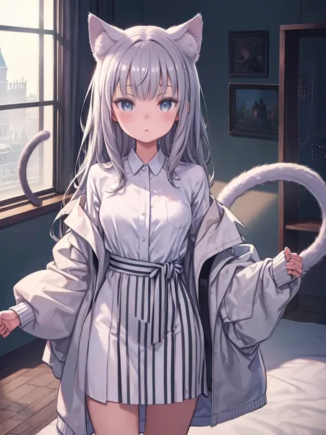 One girl, That will happen, View your viewers, Gray Hair, there is nothing, Cat ear, Feline tail, White shirt, Open clothes, Russian cities, ba-shiroko