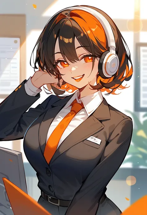 mature woman、black hair、orange hair streeks、office outfit、orange lipstick、orange eyes、black pupils、oraange headphones、lens flare、big smile、fang