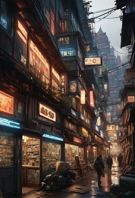 cyberpunk city from sci-fi movie, empty street, night, chinoiserie buildings, old shop, irregular, circuit boards, wires, intric...