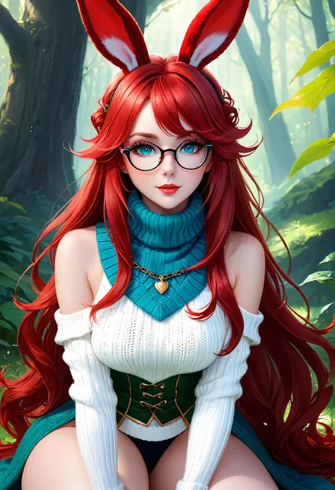 Woman,  bunny  woman, red long hair curls, round glasses, blue eyes, elven style stockings, short white sweater with off-shoulder vest sleeveless knitted sweater with high collar,  big (((red))) bunny ears on the head, masterpiece, ultra beautiful woman, u...