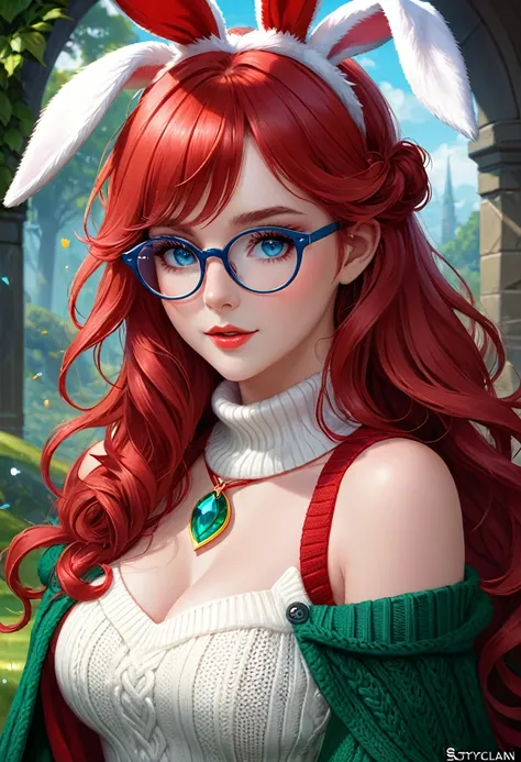 Woman,  bunny  woman, red long hair curls, round glasses, blue eyes, elven style stockings, short white sweater with off-shoulder vest sleeveless knitted sweater with high collar,  big (((red))) bunny ears on the head, masterpiece, ultra beautiful woman, u...