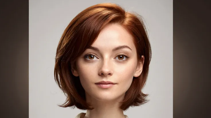 Create a portrait (photographic,  realistic) of a female with oval face shape, brown eye color, auburn hair color, short hair style, none makeup, overhead angle shot turning head. Please ensure the image has a professional photography look, with attention ...