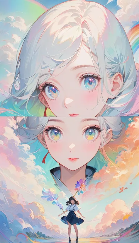 chinese woman, Close-up of face, Flying female figure made from ribbon, smoke, in the sky, bright colors, Mysterious colors, modern impressionism, portraiture Yanjun Cheng, rainbow painting, 3/4 perspectives, cute face, Low Angle, wide rotating composition...