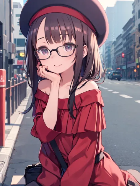 One Girl、In town、Sidewalk、sit on the guardrail、Red clothes、Off the shoulder、miling、Upper Body、beret、Glasses、