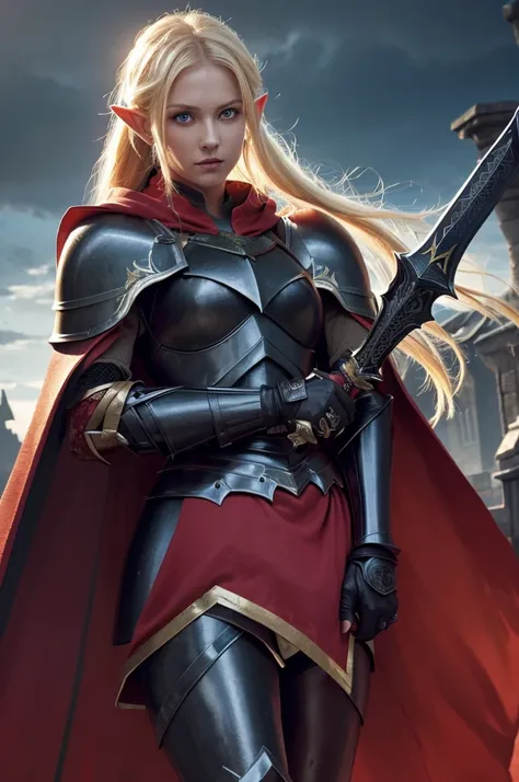 Beautiful images,Detailed Images,Official image,A woman wielding a sword,Blonde,Blue Eyes,Ponytail Hair,Model body type,(Dark Skin:1.3),Elf Ears,Large Breasts,(Decorated Black Knight Heavy Armor,Black Gauntlet,Red Cape:1.3),