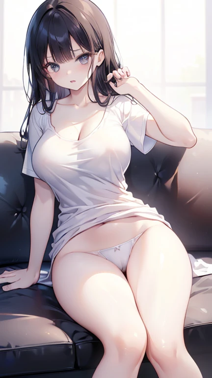 (Highest quality)), ((masterpiece)), (detailed), Perfect Anatomy，((Full body shot 1.5))，One woman，28歳のBeautiful woman，Married Woman，口を開いて微笑むMarried Woman，The look of temptation，Very sexy，(((Big Breasts，1 wearing a large white T-shirt.8，One Piece T-shirt，A ...