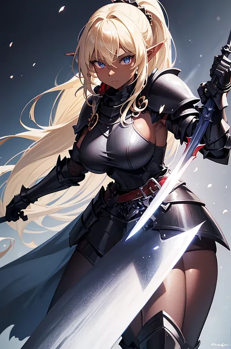 Beautiful images,Detailed Images,Official image,A woman wielding a sword,Blonde,Blue Eyes,Ponytail Hair,Model body type,(Dark Skin:1.3),Elf Ears,Large Breasts,(Decorated Black Knight Heavy Armor,Black Gauntlet,Red Cape:1.3),