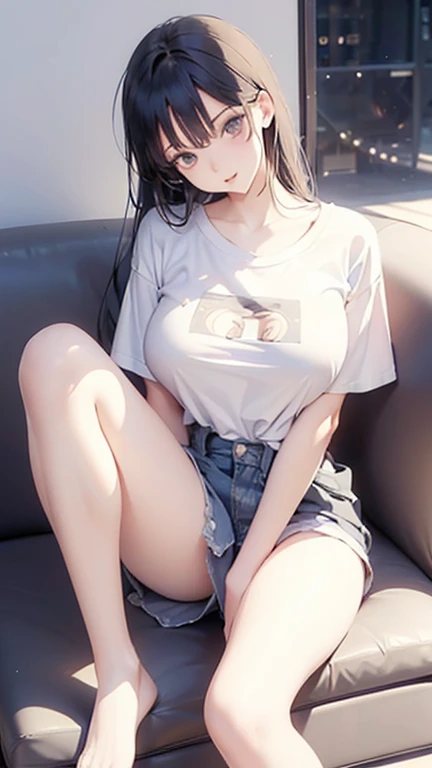 (Highest quality)), ((masterpiece)), (detailed), Perfect Anatomy，((Full body shot 1.5))，One woman，28歳のBeautiful woman，Married Woman，口を開いて微笑むMarried Woman，The look of temptation，Very sexy，(((Big Breasts，1 wearing a large white T-shirt.8，One Piece T-shirt，A ...