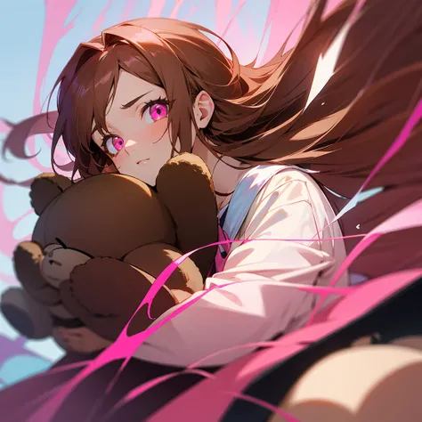 Create an anime style image of a character with pink eyes and brown hair, she is holding a teddy bear, her hair is long 