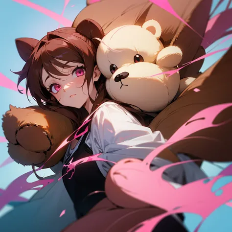 Create an anime style image of a character with pink eyes and brown hair, she holds a teddy bear, her hair is long, make her small 