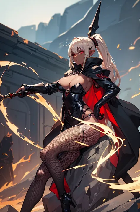 Beautiful images,Detailed Images,Official image,A woman wielding a sword,Blonde,Red Eyes,Ponytail Hair,Model body type,(Dark Skin:1.3),Elf Ears,Large Breasts,(Black sneak costume,Fishnet tights,Jet Black Cloak:1.3),