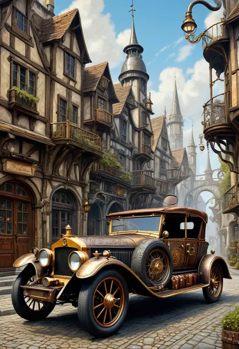 15th century, street of a European medieval city, near the house there is a steampunk car assembled from car parts from the 40s of the 20th century, ultra quality, ultra-detailed, intricate details, clear thin lines, oil, canvas, a mixture of steampunk and...