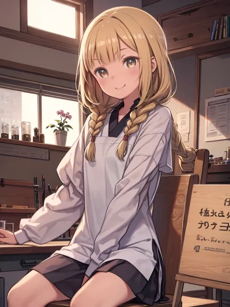 Highest quality, masterpiece, One girl, A light smile, Brown eyes, View your viewers, Long blonde braids, Inside the laboratory, Cowboy Shot, Sitting on a chair at a workbench, In the background there is a sign that reads: "Biochemistry Laboratory", A scro...