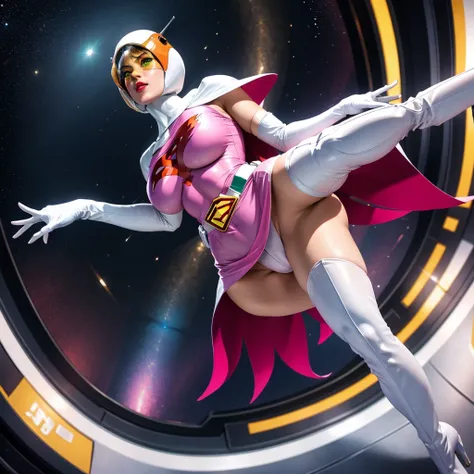 ANI_CLASSIC_jun_gatchaman_ownwaifu,1girl, 15yo,good anatomy, masterpiece, best quality,realistic, hyperrealistic, 16k hdr, long hair,breasts,green eyes,lips,large breasts,lipstick,makeup,gloves,cape,helmet,belt,elbow gloves,white gloves,mask,ultra miniskir...