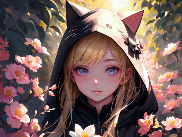 2 cute girls in hooded cat clothes, one girl with black hair and black clothes, another with blonde hair and white clothes, field of flowers in the background, best quality,4k,8k,highres,masterpiece:1.2,ultra-detailed,realistic,photorealistic,photo-realist...