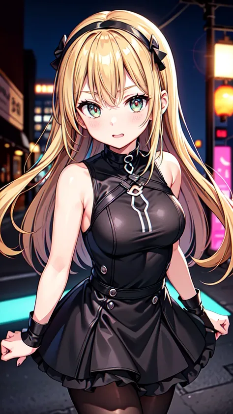 master piece , best quality , ultra detailed , woman , beautiful eyes , kawaii , cute , A black sleeveless dress edgy design shot in the city at night streetlights and neon lights background