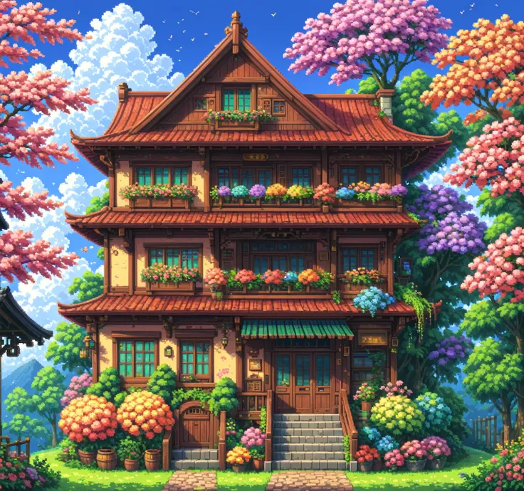 beautiful colorfully house, pixel art. ghibli style, cute anime, colorfully, flowers, nostalgic, exuberant, pixel art, minimali...