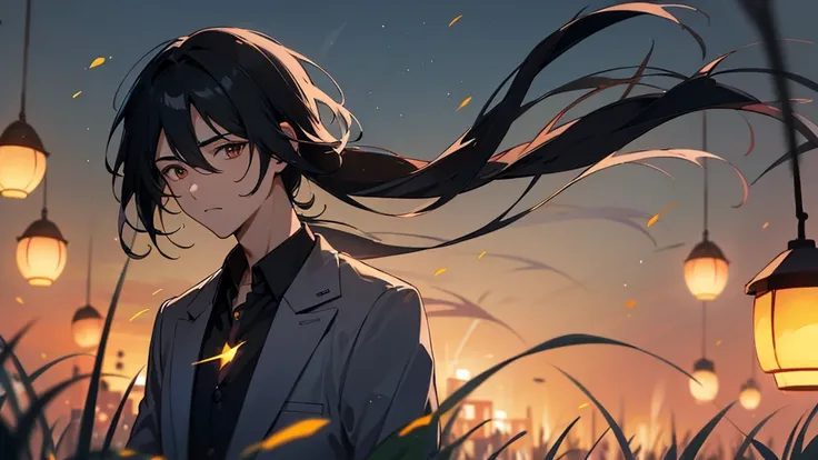 background、Dawn and fireflies。figure、handsome black hair。