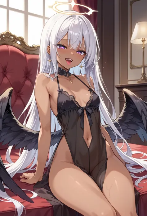 Score_9, score_8_up, 4k, 8k, detailed face, source_anime, smug angel girl with small breasts, pretty girl, thick thighs, white hair, long hair, fallen black angel wings, black outfit, black babydoll, see-through outfit, inside heaven, wet tongue, moaning, ...