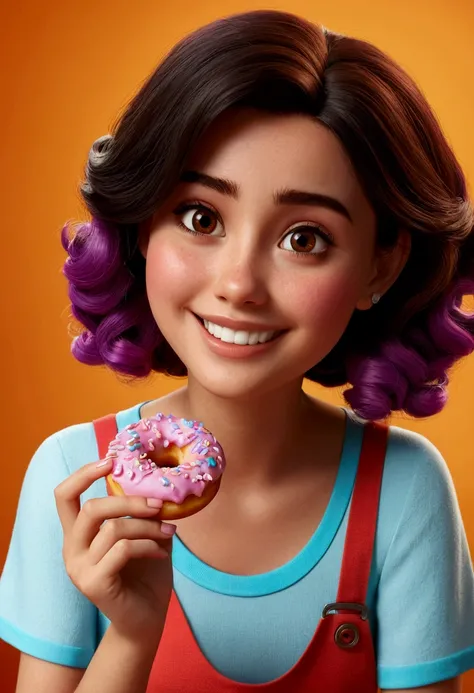 Imagem estilo pixar com personagem 3D  brancos morena mulher cabelo curto ondulado comendo mini donuts e olhando para frente, wearing a simple lilac dress, Disney makeup, cute, smiling ,close up, pixar, Disney, Cinema lighting,