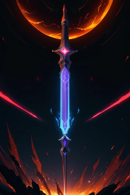 A futuristic high-tech sword, glowing with an intense fire-like energy, floating in a void of darkness, highly detailed, cinematic lighting, dramatic angles, digital painting, concept art, vibrant colors, neon, glow, glowing edge, volumetric lighting, phot...