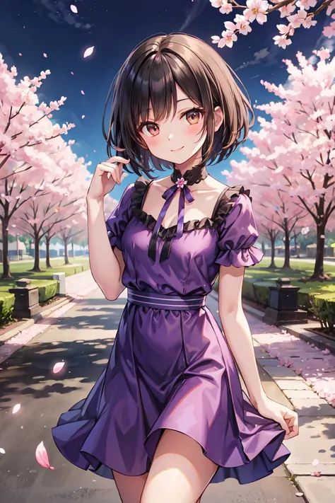 Young woman, square, short straight black hair, Brown eyes, purple dress, night, under the sakura tree, petals, in the park, smile, winks