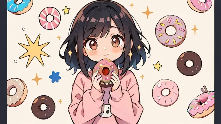 A girl with black hair and brown eyes, with freckles on the face and fair skin, with a pink sweatshirt, smiling and eating several donuts, and a wall with donuts and sparkles drawn on