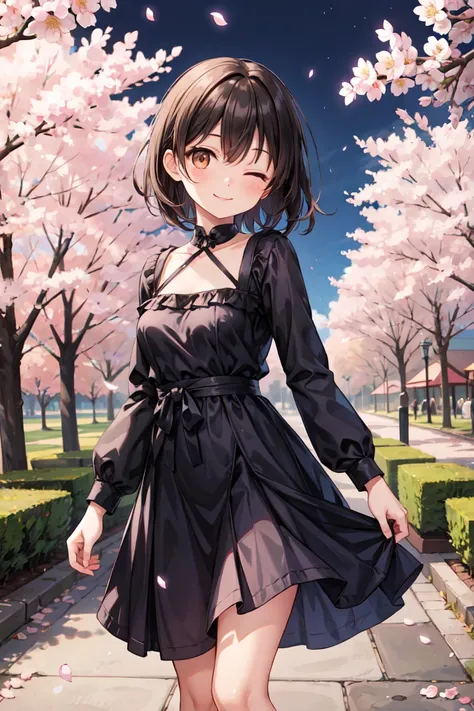 Young woman, square, short straight black hair, Brown eyes, purple knee length dress, night, under the sakura tree, petals, in the park, smile, one eye is closed