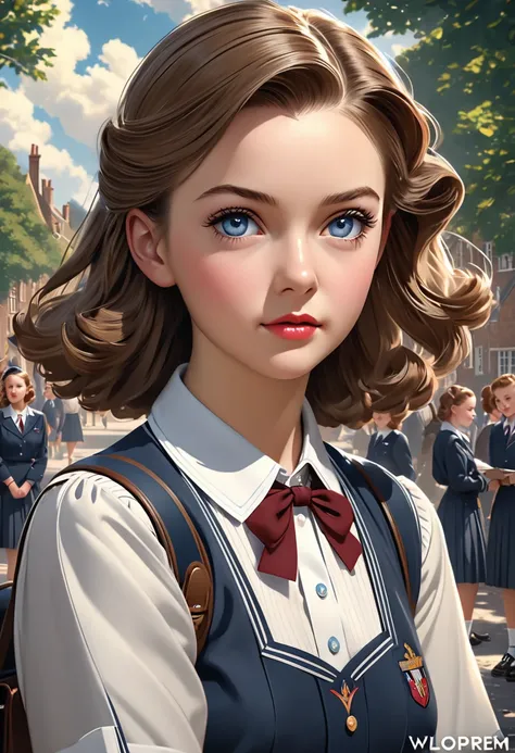 Pretty English 1940s private school girl. Official Art – An Award-Winning Digital Masterpiece In 4K Ultra HD, Extreme Detail And Intricate Realism. This Concept Art Brought To Life By The Hands Of Artists Like Wlop & Artgerm In A Stunning 2D Vector Illustr...