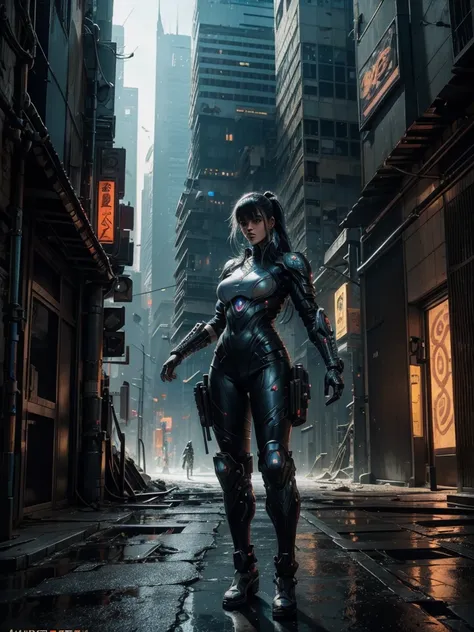 
a futuristic cyberpunk warrior woman while she searches a semi-destroyed alien city, within the city walls some mysterious alien symbols can be glimpsed, hyper-realistic, cinematic, 4k, ultra-detailed, masterpiece, intricate-details, photo-realistic 