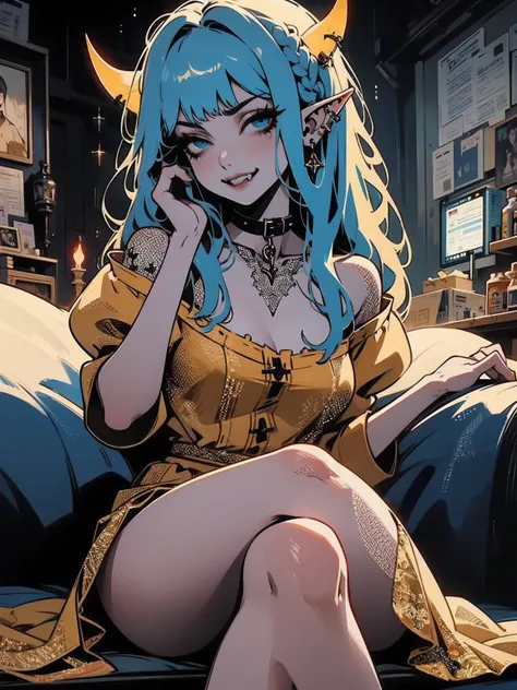 high détail, work of art, dramatic lighting(absurderes, high resolution, ultra detaild), extremely detailed 8k CG unit. innocent face, adult Woman, Woman, innocent Woman, elf, piercings, Short Wavy blue Hair and Bangs, (blue hair), fangs, yellow eyes, mode...