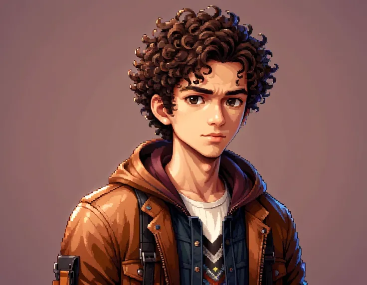 A stylish boy in pixel art form, with a penetrating gaze and expressive eyes. He has sleek, modern, curly hair in a stylish cut, and his skin tone is brown. Hes wearing fashionable clothes in neutral colors, such as a trendy jacket over a chic top and styl...