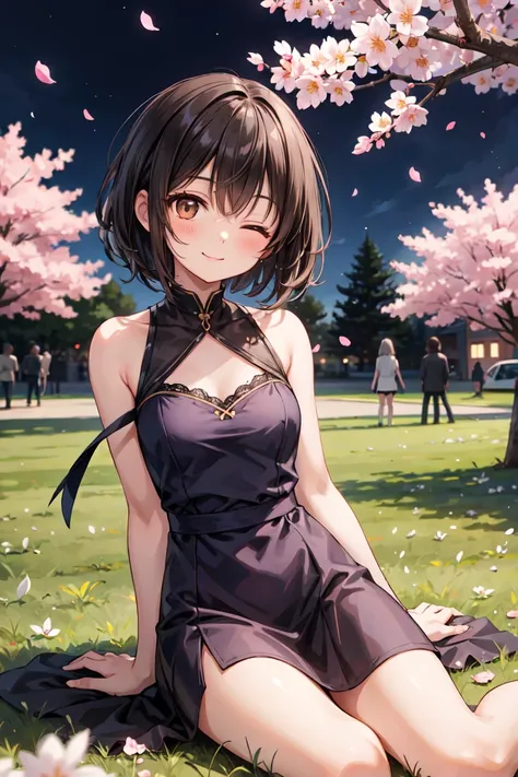 Young woman, square, short straight black hair, Brown eyes, purple knee length dress, night, under the sakura tree, petals, in the park, smile, one eye is closed