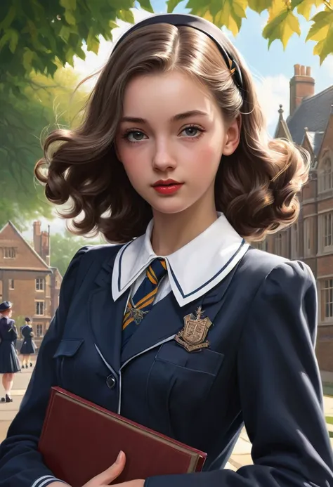 Pretty English 1940s private school girl. Official Art – An Award-Winning Digital Masterpiece In 4K Ultra HD, Extreme Detail And Intricate Realism. This Concept Art Brought To Life By The Hands Of Artists Like Wlop & Artgerm In A Stunning 2D Vector Illustr...