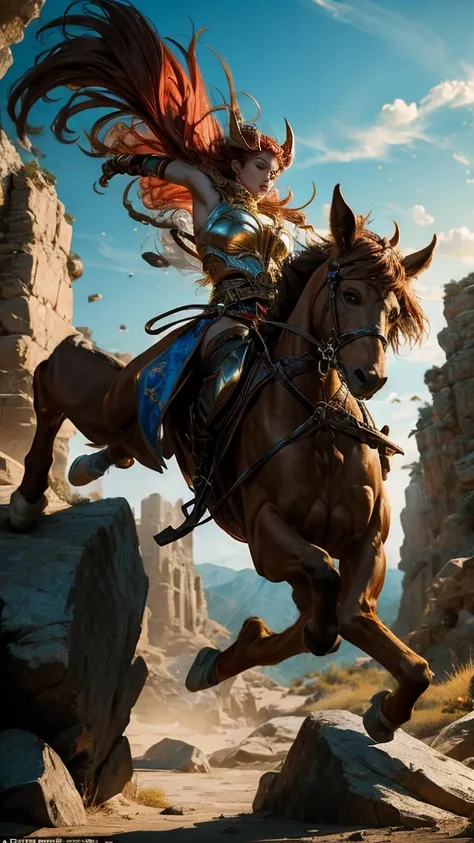 Realistic, personality: [Showcase a dynamic action scene of the Aries character in motion, leaping over an obstacle with intense focus on their face. Captivate the viewer with a sense of speed and agility, while depicting the vibrant colors of their attire...