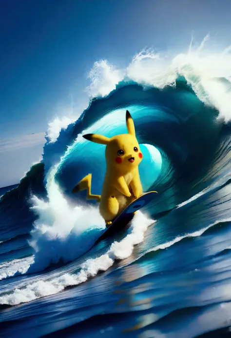 (surfing pikachu:1.3),quality\(8k,wallpaper of extremely detailed cg unit, ​masterpiece,hight resolution,top-quality,top-quality...