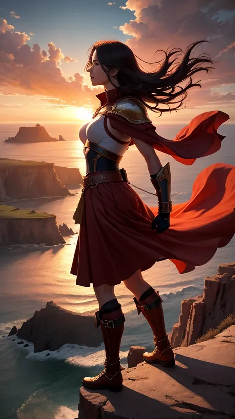 Realistic, personality: [Create a powerful scene of the Aries character standing on a cliff edge, fists raised in triumph against a dramatic sunset sky. Capture a sense of victory and exhilaration on their face, surrounded by swirling winds to suggest the ...