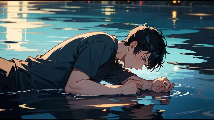 The moon reflected in the pool on a summer night。A fantastical scene with fireflies flying around in the moonlight。A handsome man with short black hair and wearing a T-shirt is gazing at the moon reflected in the water。