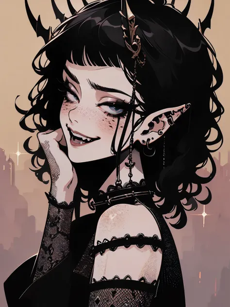 high détail, work of art, dramatic lighting(absurderes, high resolution, ultra detaild), extremely detailed 8k CG unit. mature face, adult Woman, Woman, mature Woman, elf, piercings, Short Wavy Black Hair and Bangs, (black hair), fangs, freckles, black eye...