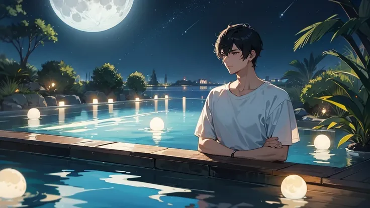 The moon reflected in the pool on a summer night。A fantastical scene with fireflies flying around in the moonlight。A handsome man with short black hair and wearing a T-shirt is gazing at the moon reflected in the water。