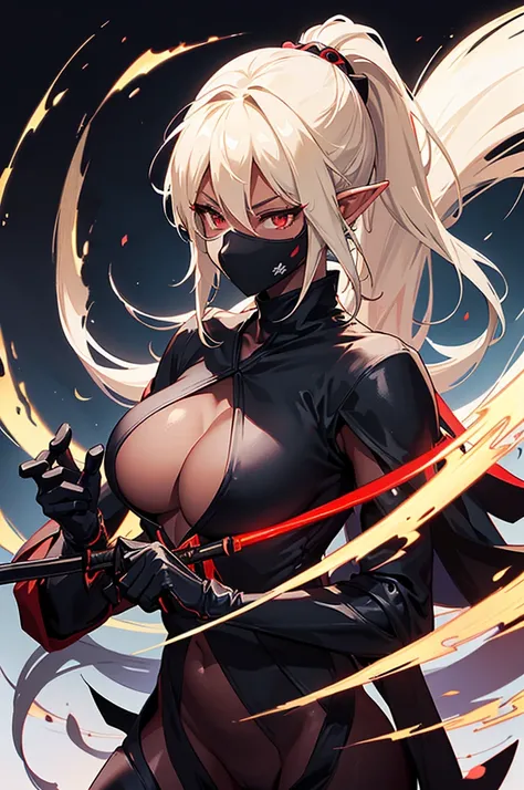 Beautiful images,Detailed Images,Official image,A woman wielding a Japanese sword,Blonde,Red Eyes,Ponytail Hair,Model body type,(Dark Skin:1.3),Elf Ears,Large Breasts,(Black ninja suit,Black bodysuit,Jet Black Cloak:1.3),