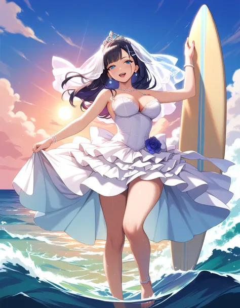 a portrait of a bride surfing the waves, on a sunny day in ocean, an exotic beautiful bride,   ((anatomically correct: 1.5)) ultra detailed face, dynamic hair color, dynamic hair style, dynamic skin complexion, (best detailed face: 1.5), busty wearing intr...