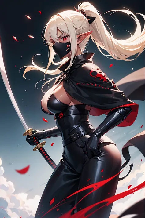 Beautiful images,Detailed Images,Official image,A woman wielding a Japanese sword,Blonde,Red Eyes,Ponytail Hair,Model body type,(Dark Skin:1.3),Elf Ears,Large Breasts,(Black ninja suit,Jet Black Cloak:1.3),