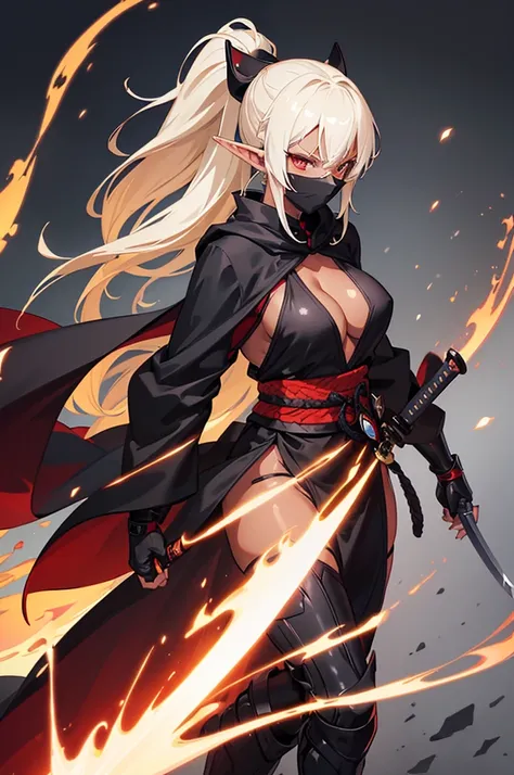 Beautiful images,Detailed Images,Official image,A woman wielding a Japanese sword,Blonde,Red Eyes,Ponytail Hair,Model body type,(Dark Skin:1.3),Elf Ears,Large Breasts,(Black ninja suit,Jet Black Cloak:1.3),